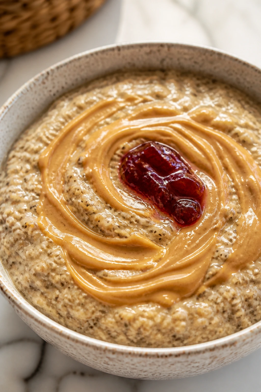 Close-up of chia pudding with peanut butter and jam swirl