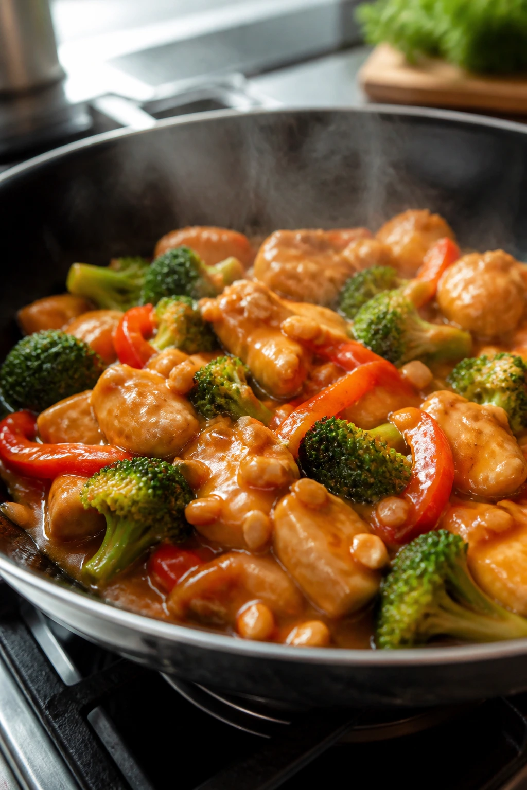 Close up of peanut butter chicken stir fry with broccoli in a wok.