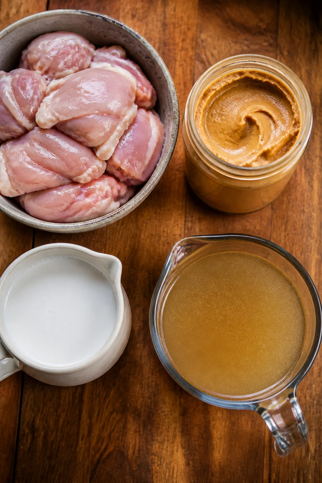 Essential ingredients for creamy peanut chicken: chicken, peanut butter, coconut milk, broth