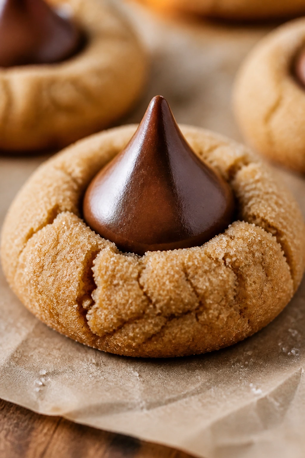 Close-up of a peanut butter blossom cookie with chocolate kiss