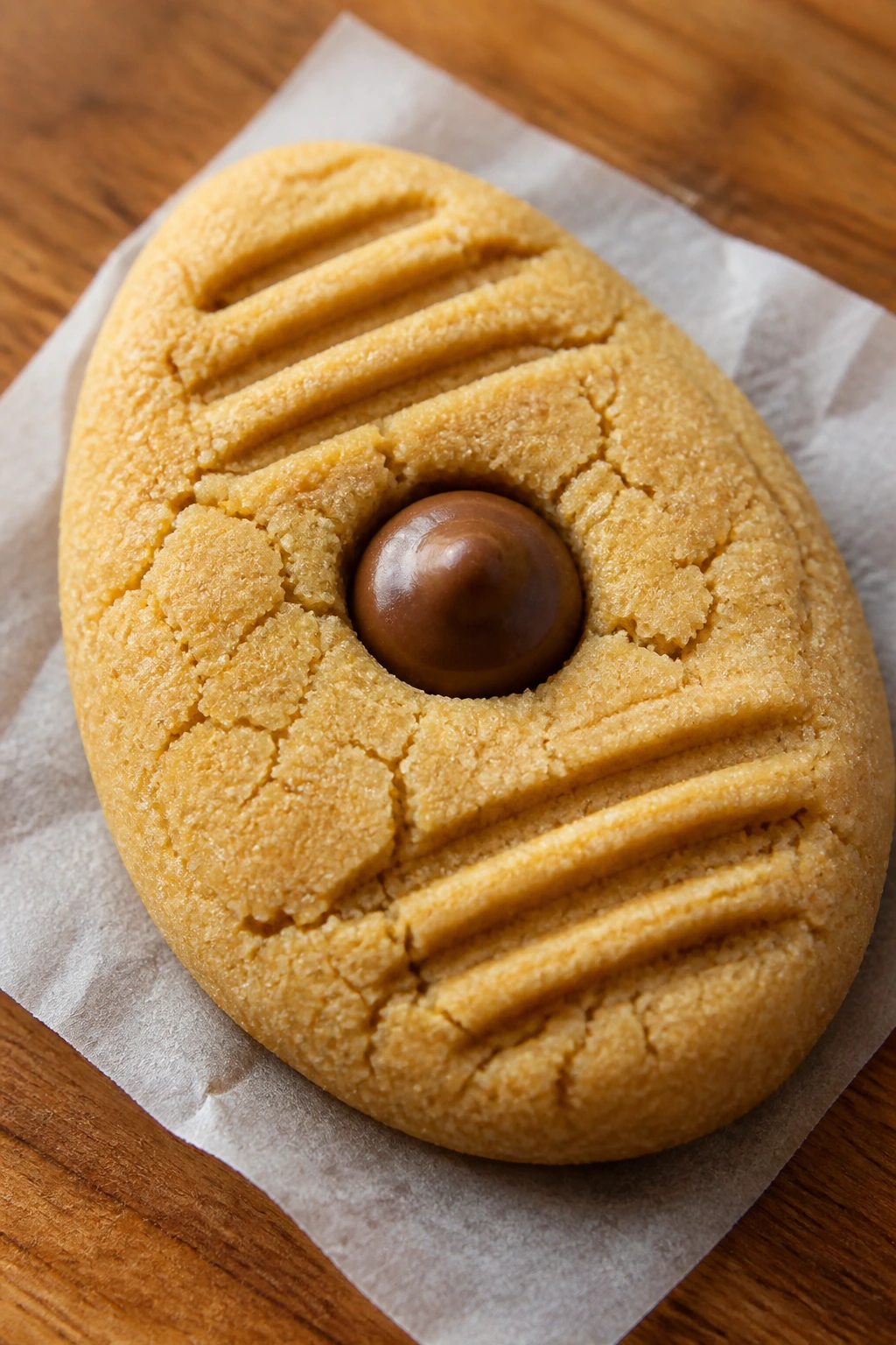 Close-up of an egg-shaped peanut butter cookie with a chocolate center on parchment in a warm kitchen.