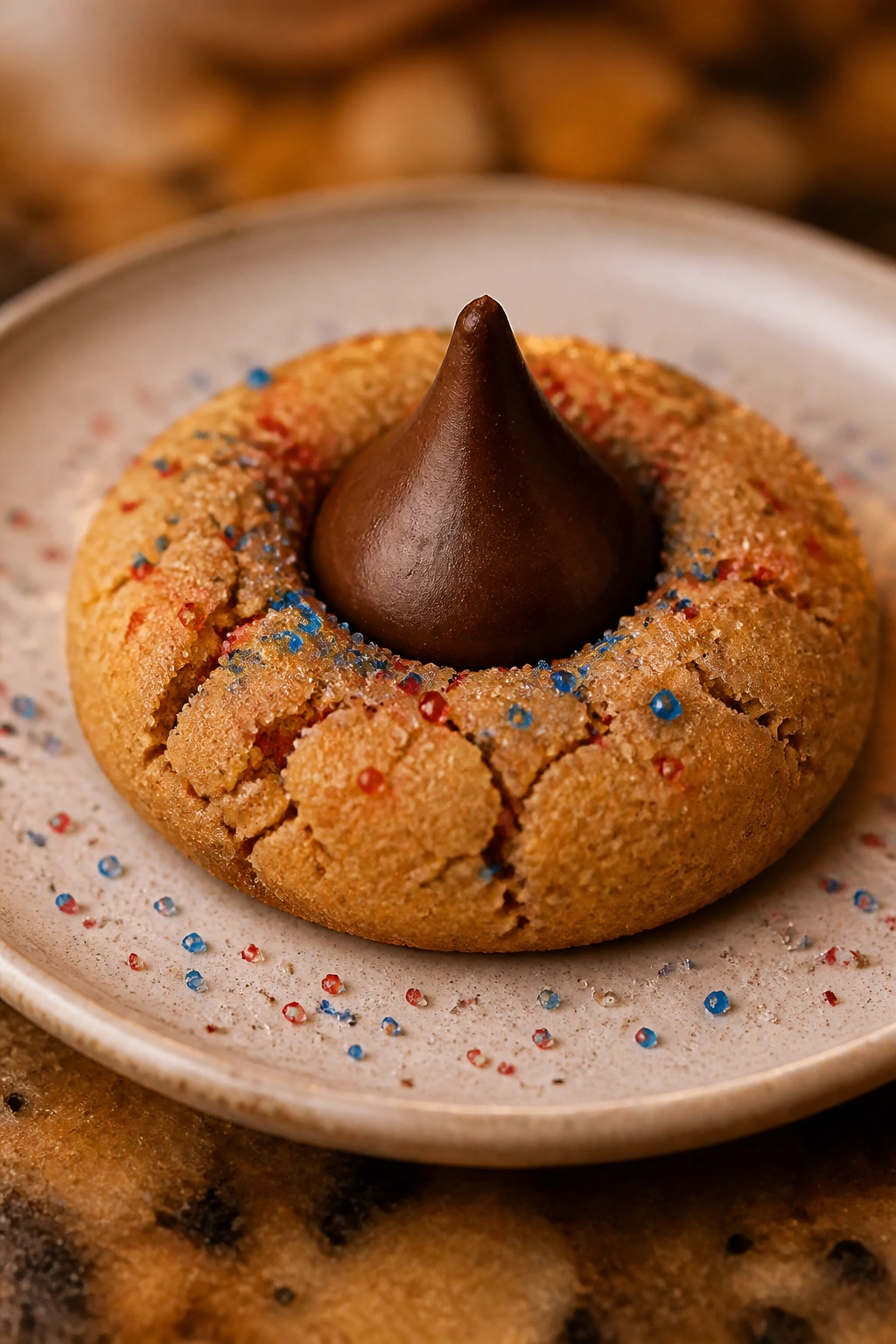Close-up of star-spangled peanut butter blossom cookie with chocolate kiss