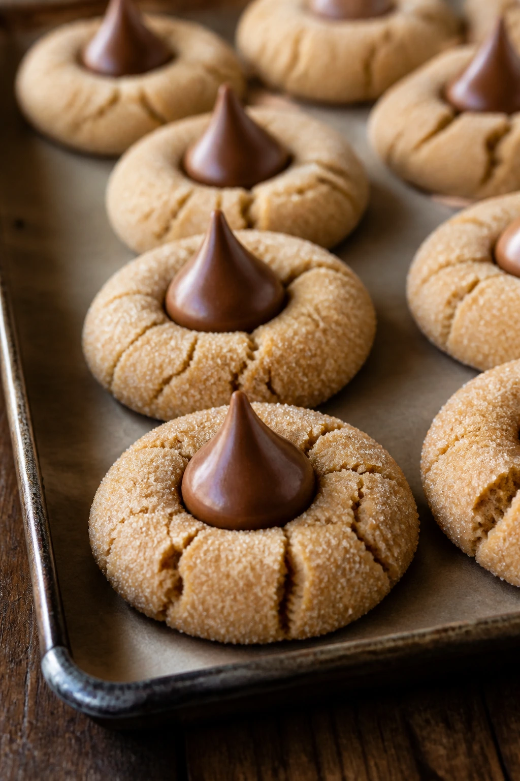 Close-up of peanut butter blossom cookies with chocolate kisses