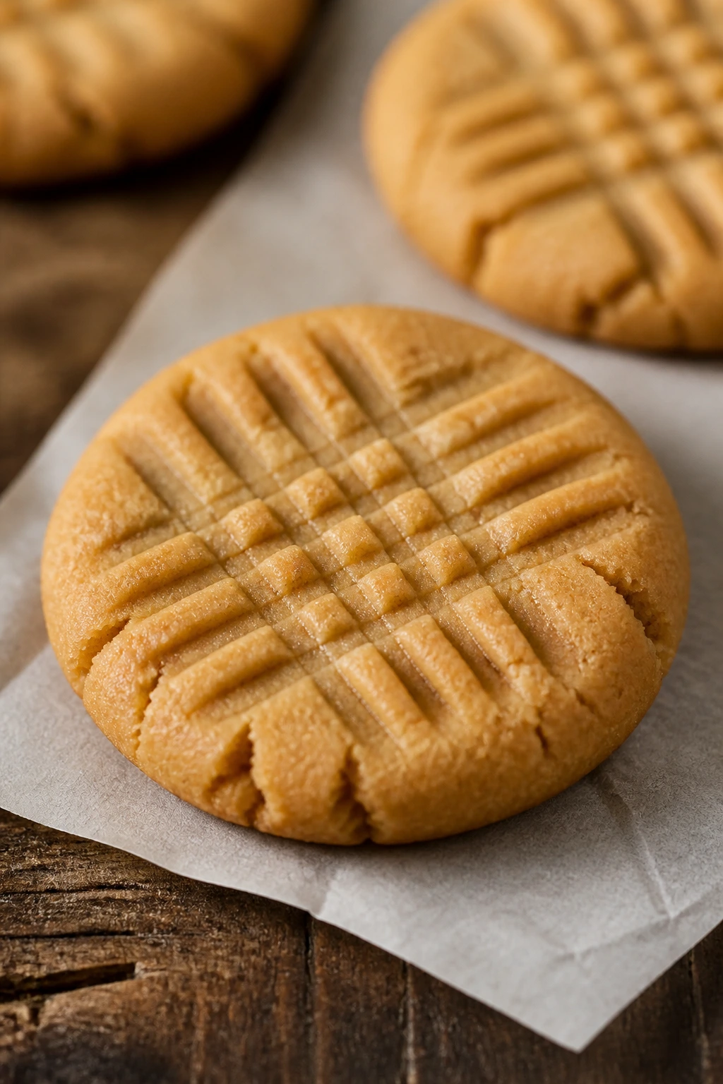 Peanut butter cookie with fork marks on parchment