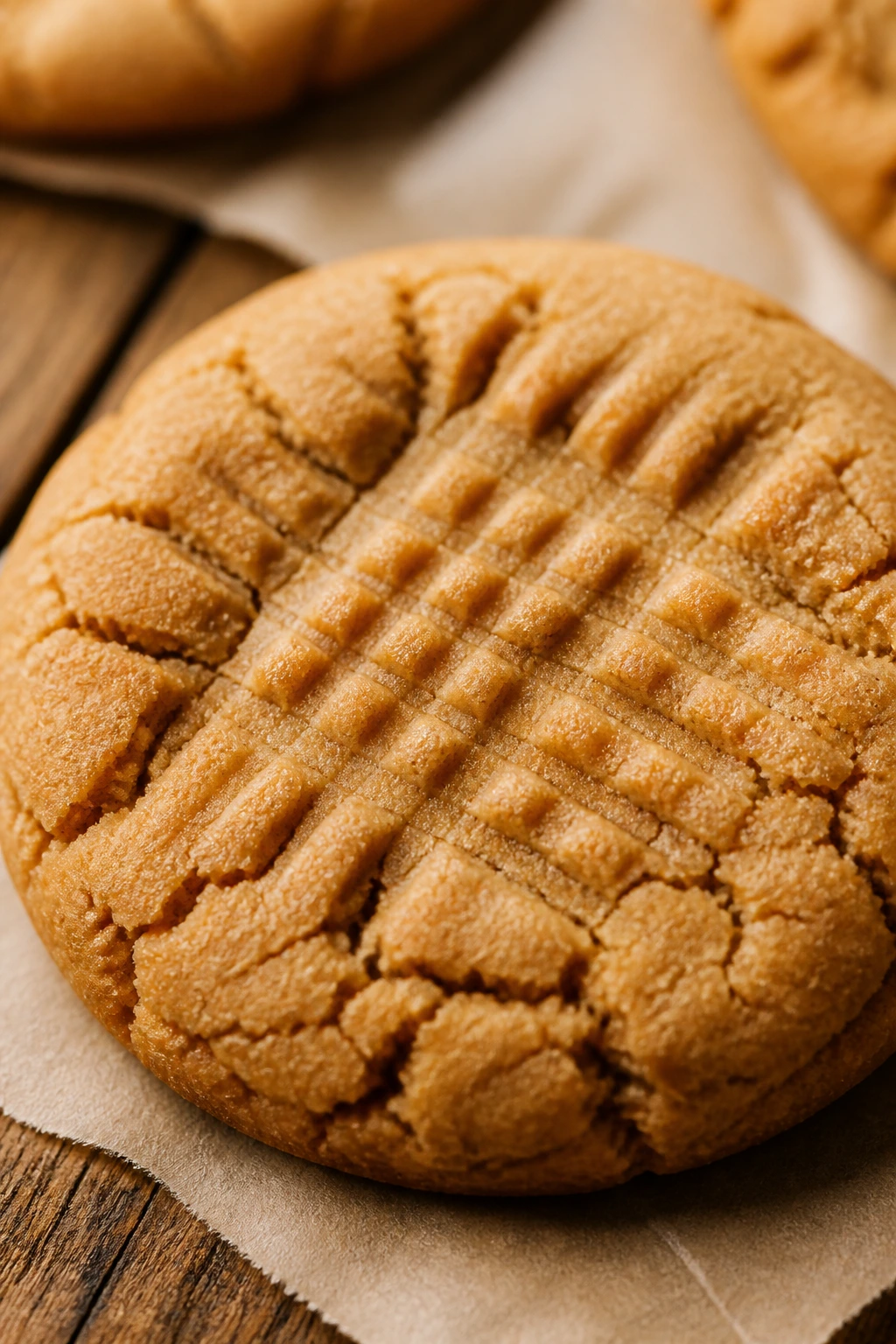 Close-up of a peanut butter cookie with fork marks