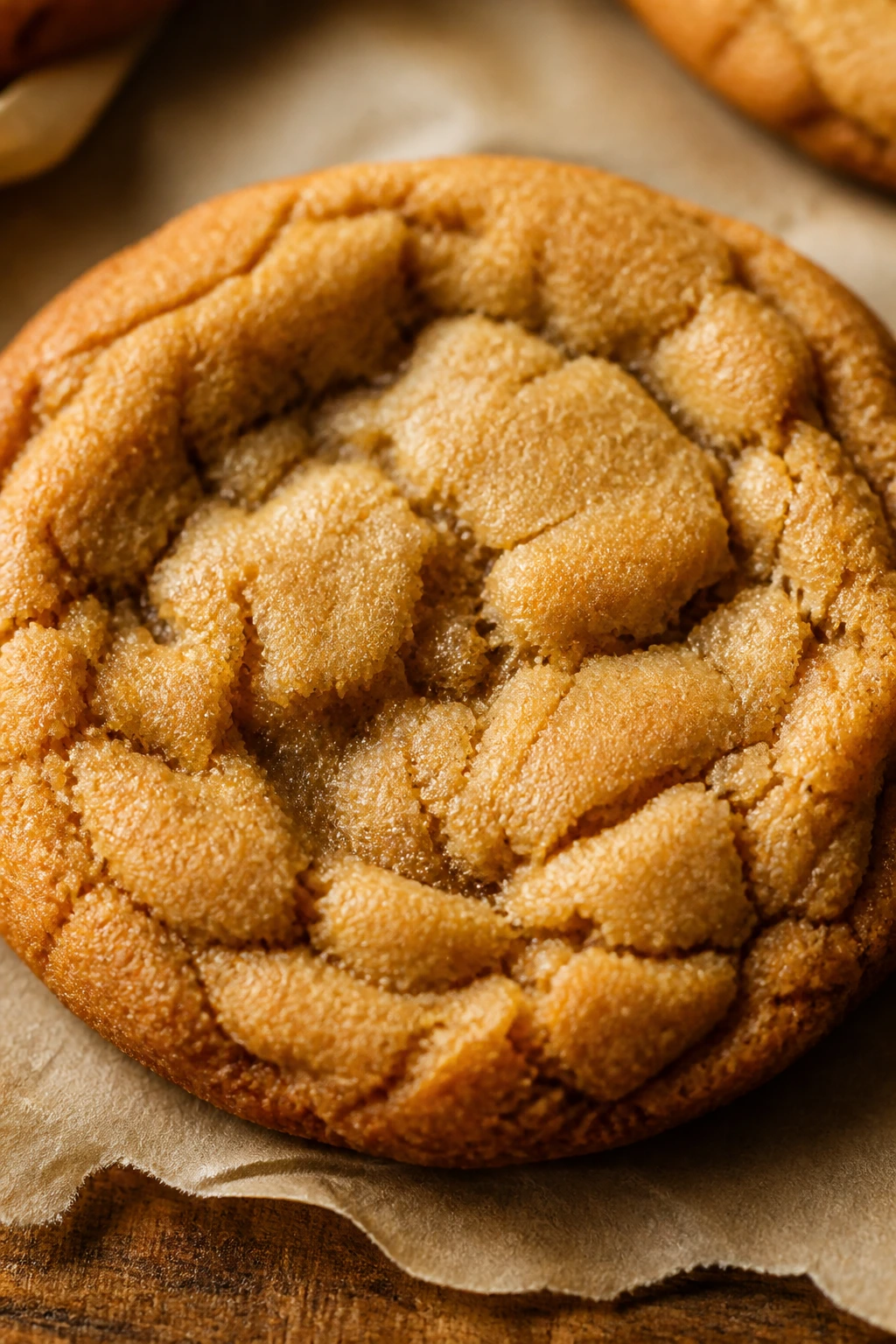Close-up of a chewy brown sugar peanut butter cookie