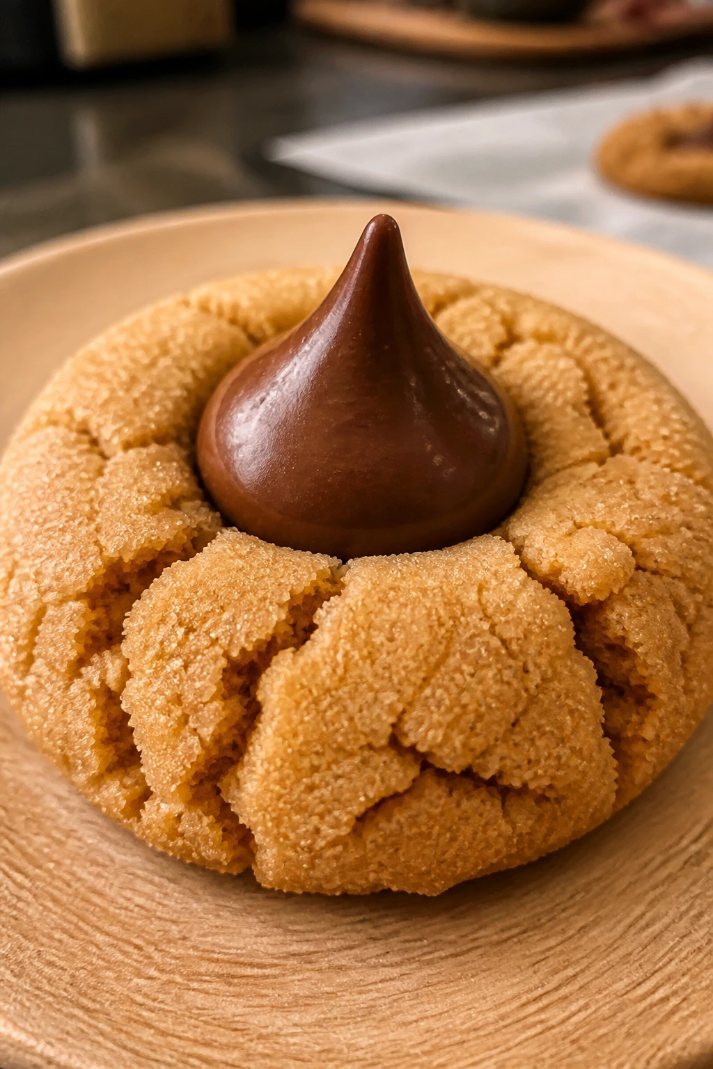 Close-up of peanut butter blossom cookie with chocolate kiss on a wooden plate