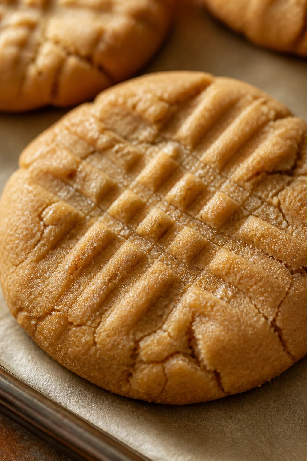 Close-up of a classic fork-pressed peanut butter cookie with fork marks