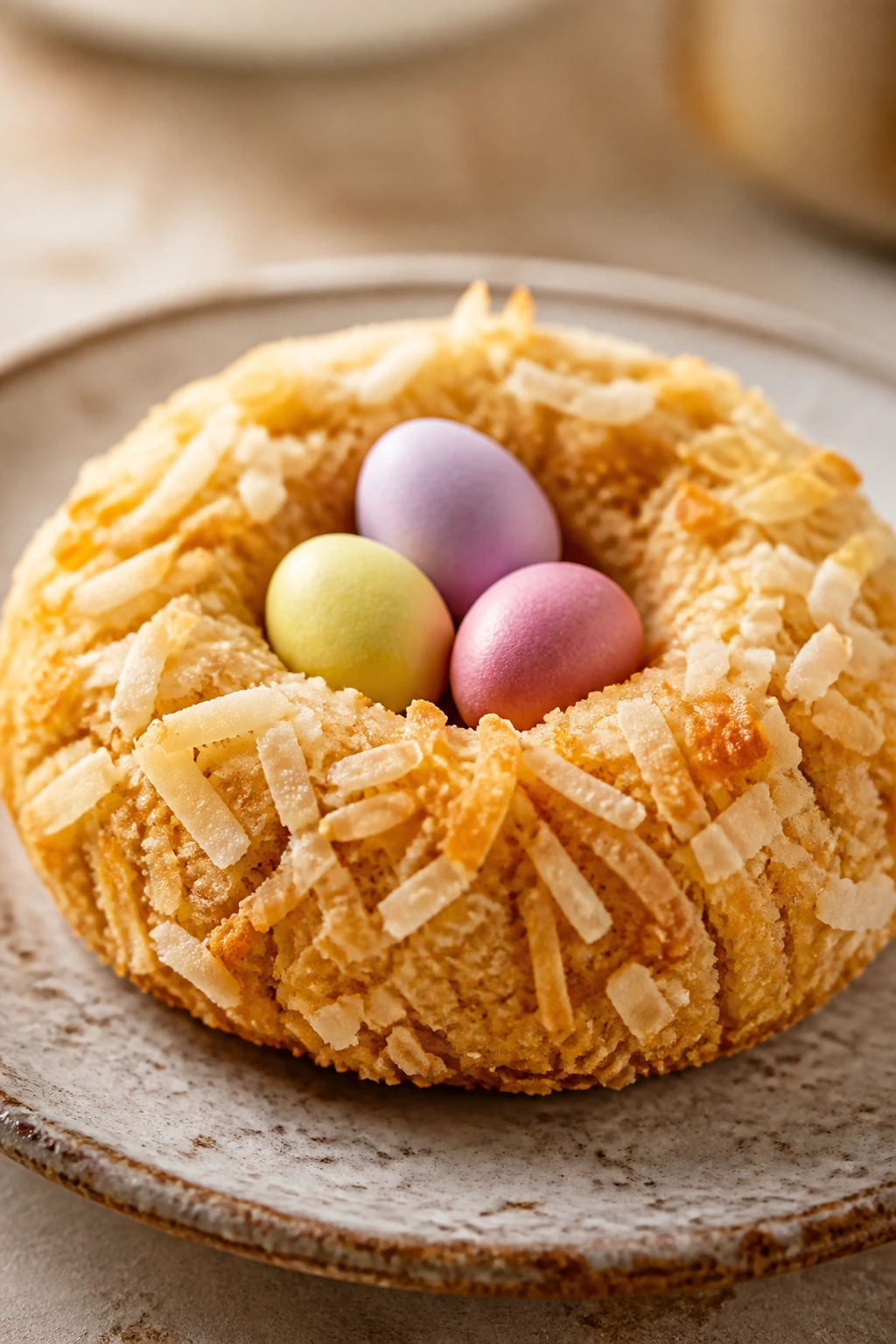 Peanut butter coconut nest cookie with hollow center and mini eggs