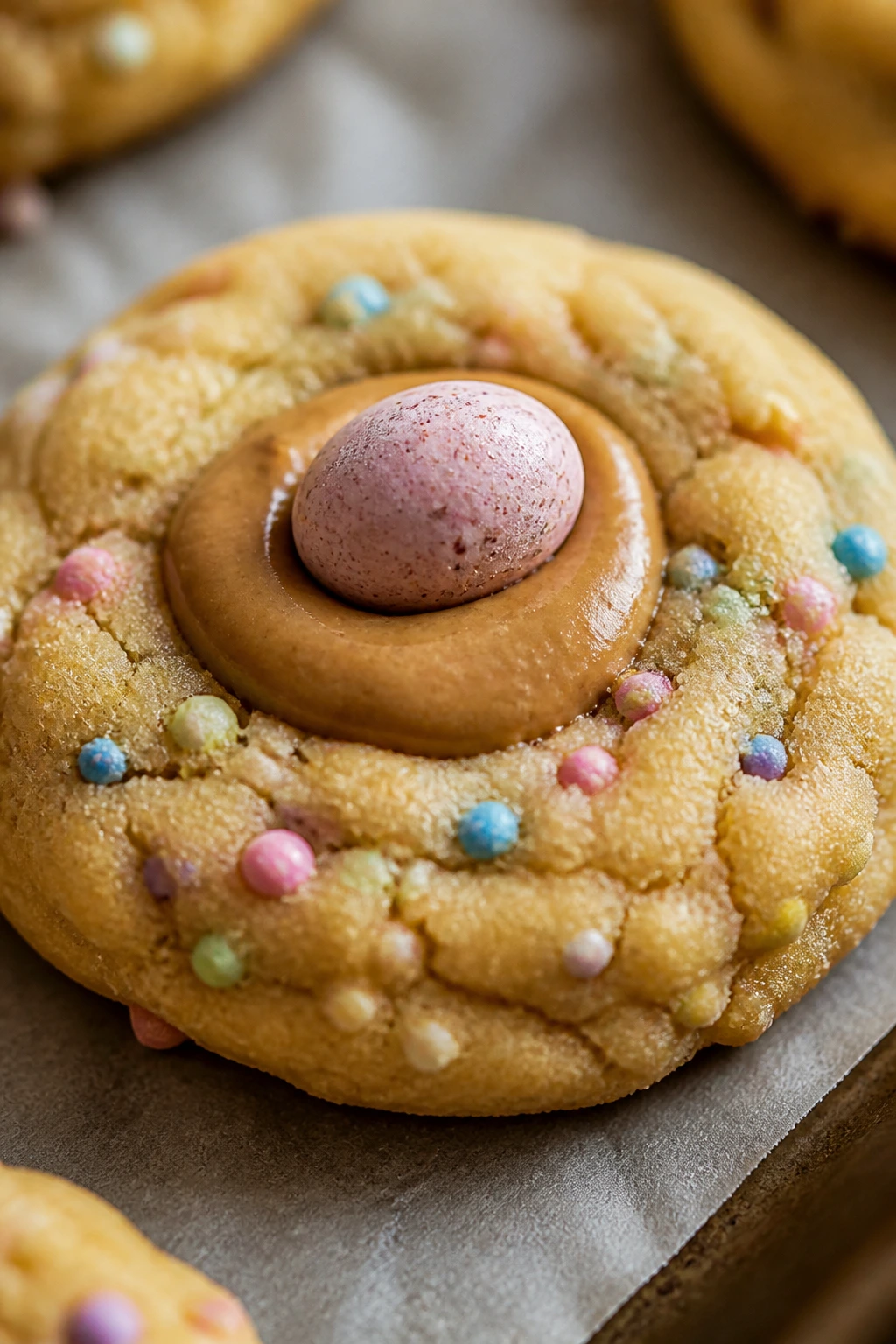 Close-up of Peanut Butter Egg Surprise Cookie with peanut butter egg on top