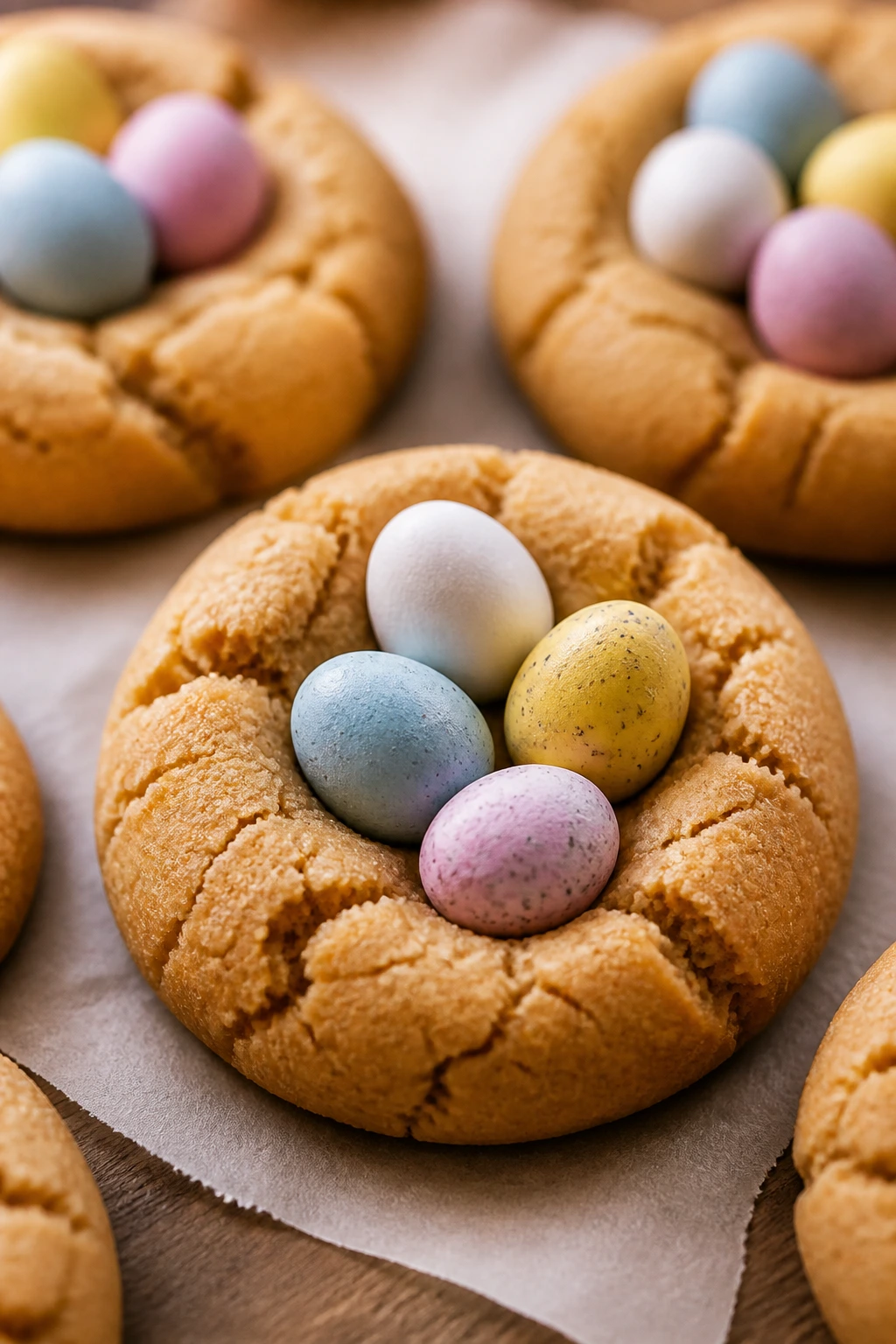 Peanut butter egg-nest cookie with candy eggs on top