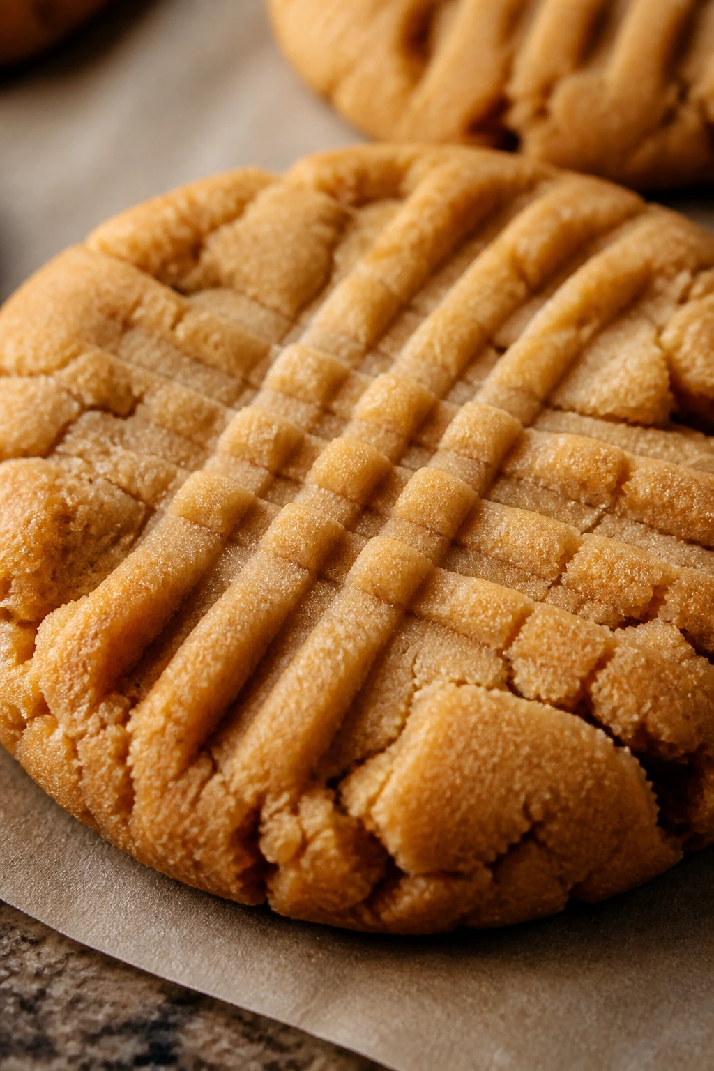 Close-up of a peanut butter cookie with fork marks.