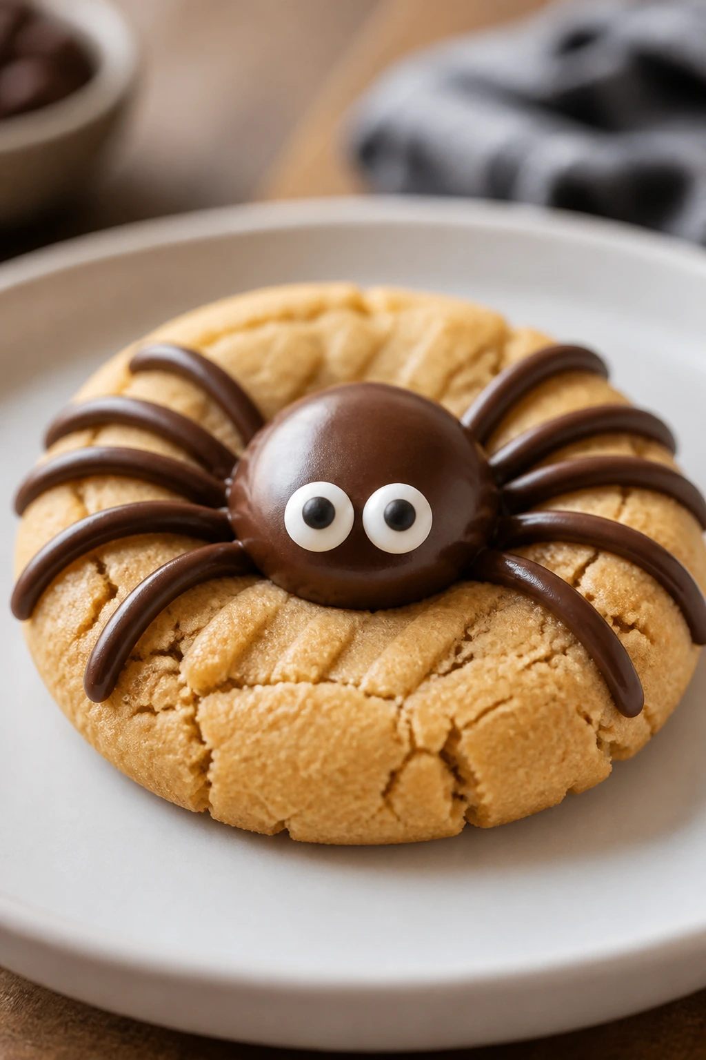 Close-up peanut butter spider cookie with candy body and chocolate legs