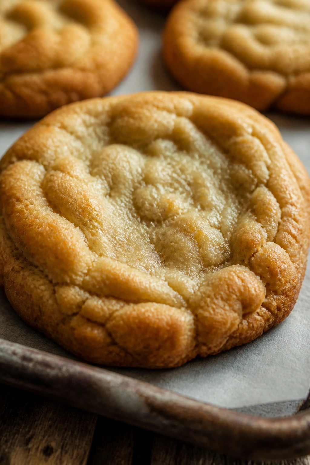 Close-up of a soft, chewy Peanut Butter Cloud Cookie in a warm kitchen