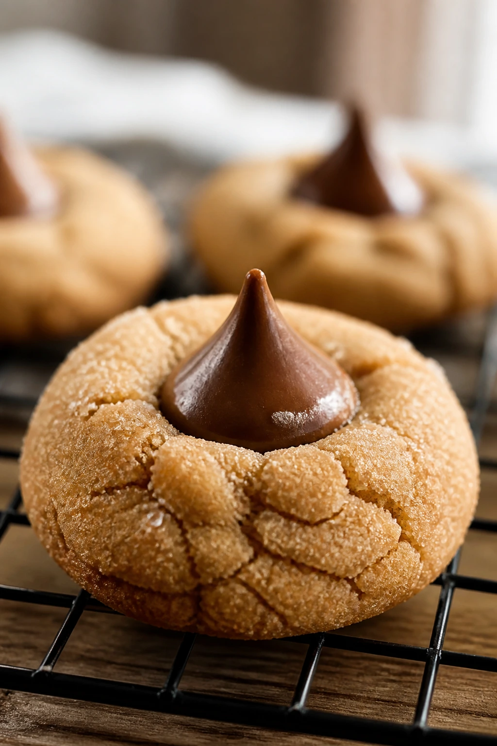 Close-up of peanut butter blossom cookie with center chocolate kiss