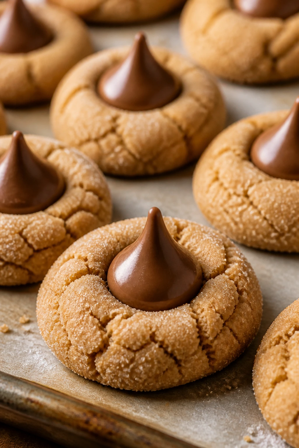 Peanut butter blossom cookies with chocolate kisses on parchment.
