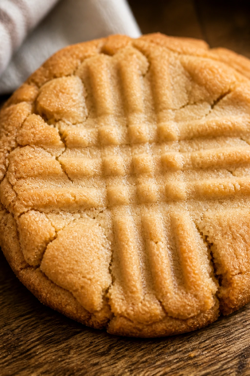 Close-up of a traditional fork-pressed peanut butter cookie in a warm kitchen