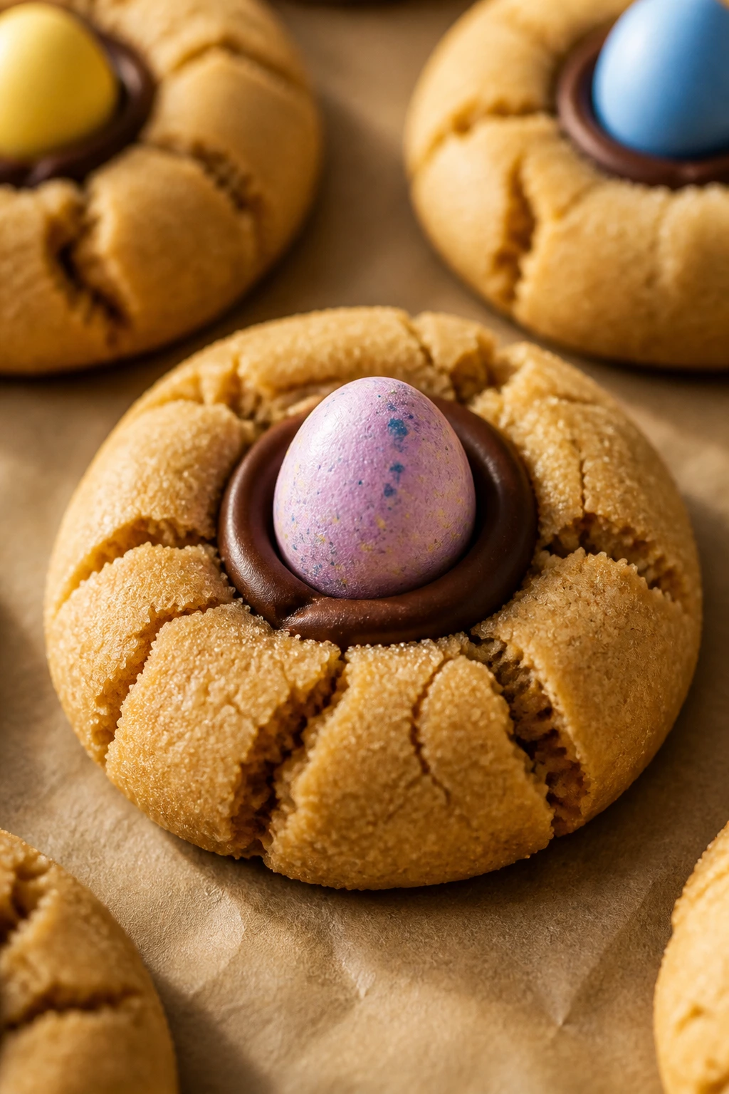 Single peanut butter blossom cookie with a Mini Egg on parchment in a sunny kitchen
