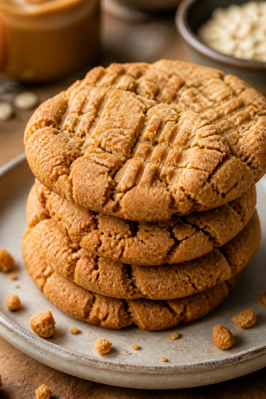 Stack of peanut butter protein cookies on a rustic plate