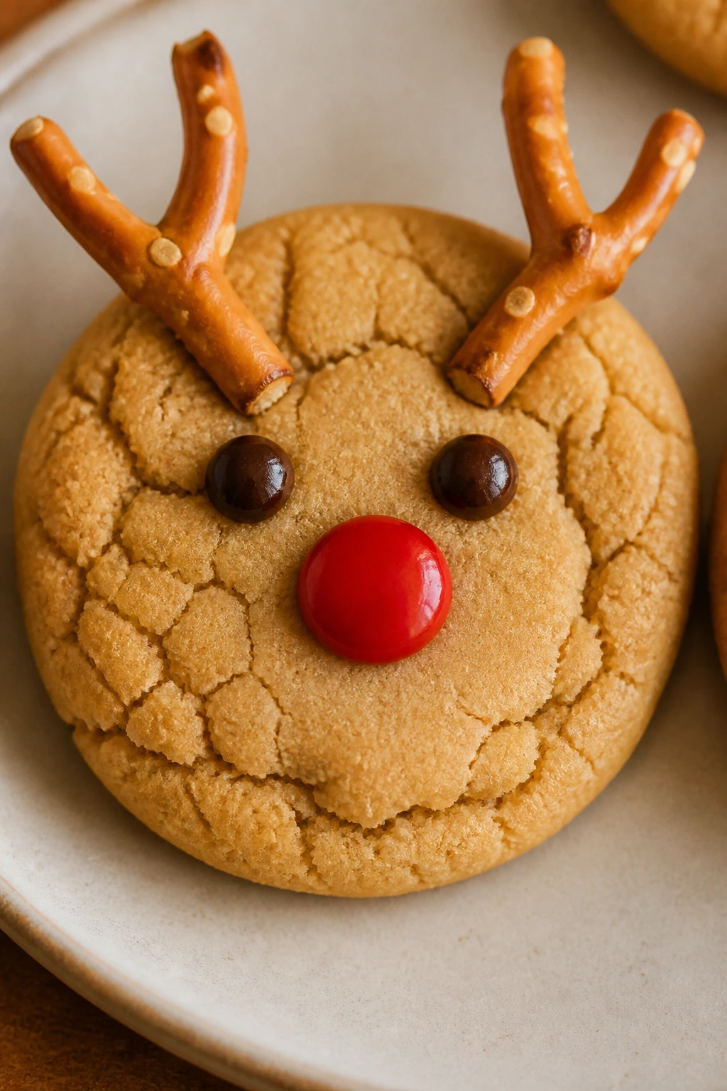 Close-up of a reindeer-shaped peanut butter cookie with pretzel antlers and candy nose.