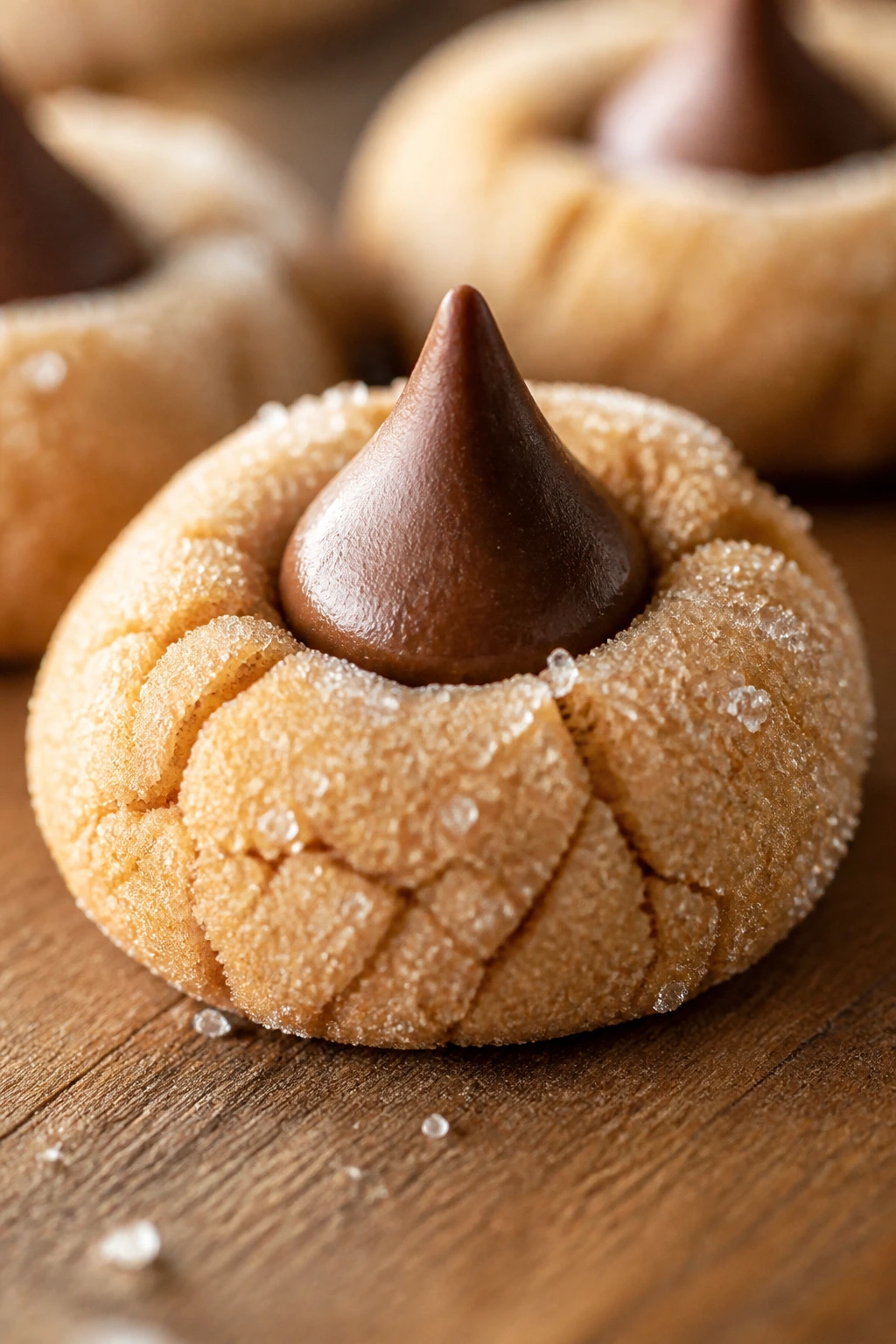 Close-up of peanut butter blossom cookie with sugar crust