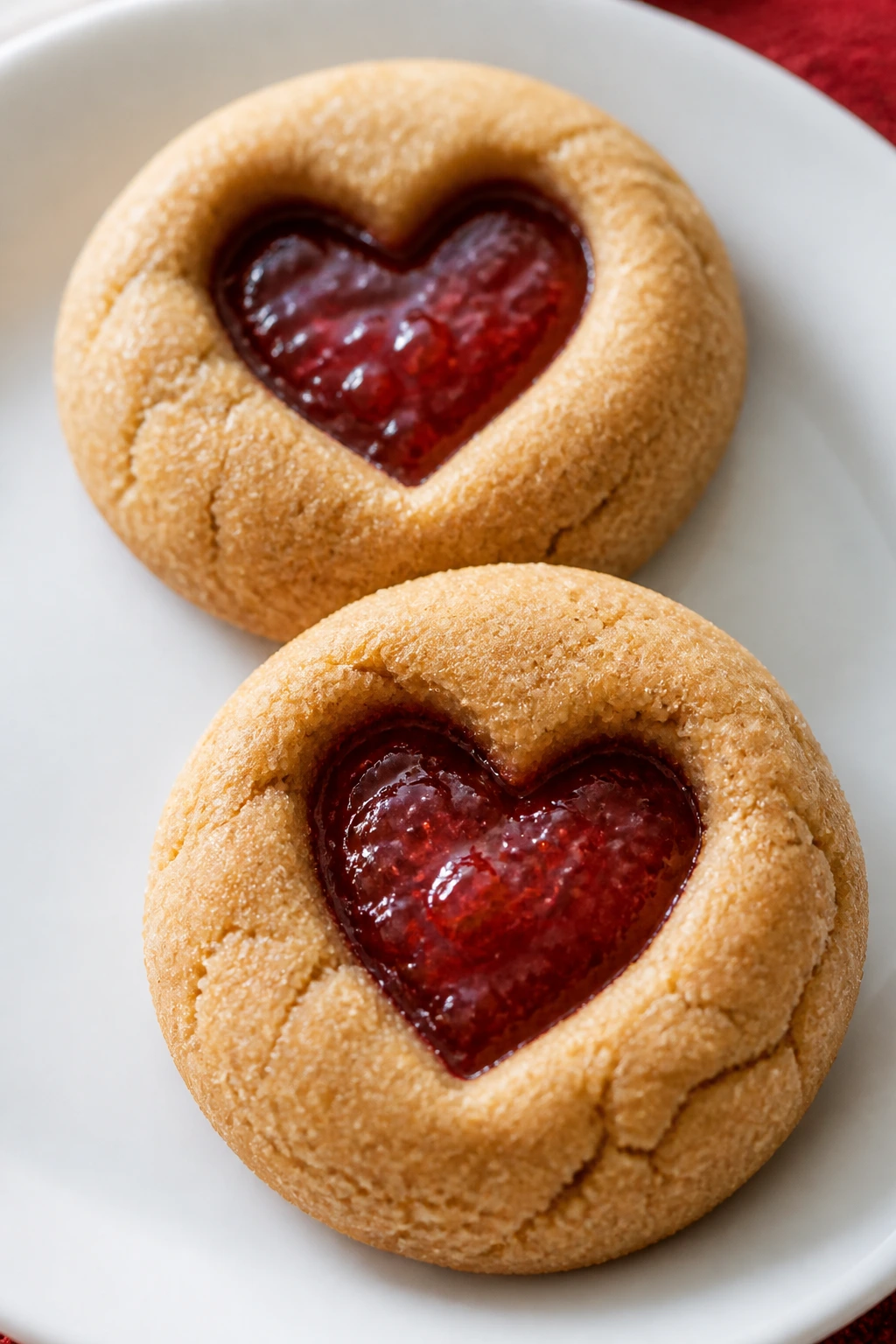 Close-up of peanut butter thumbprint cookies with jam centers