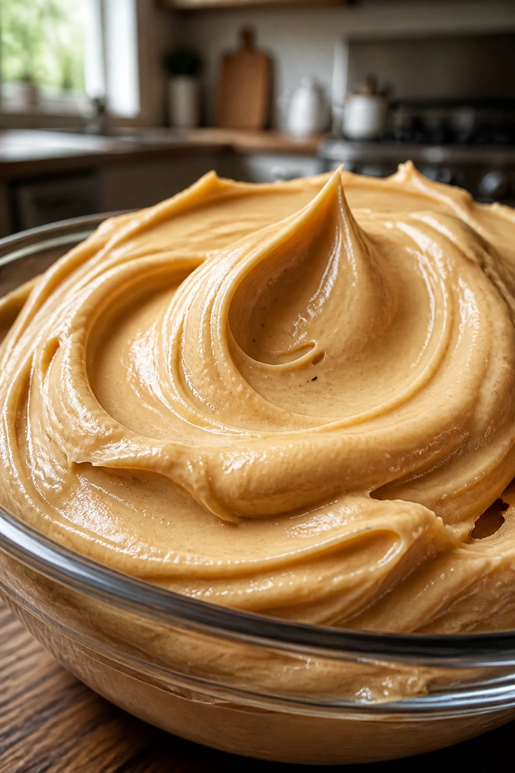 Close-up of glossy peanut butter and cream cheese mousse in a glass bowl on a wooden counter