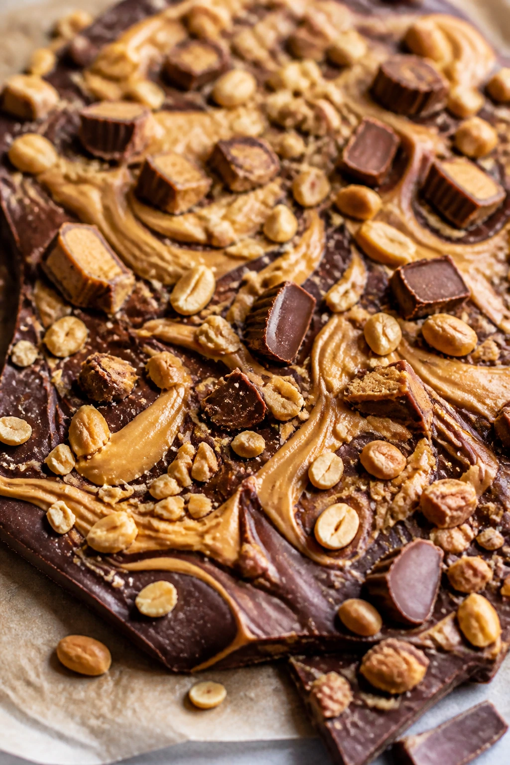 Close-up of peanut butter cup bark with swirls and peanuts on parchment.