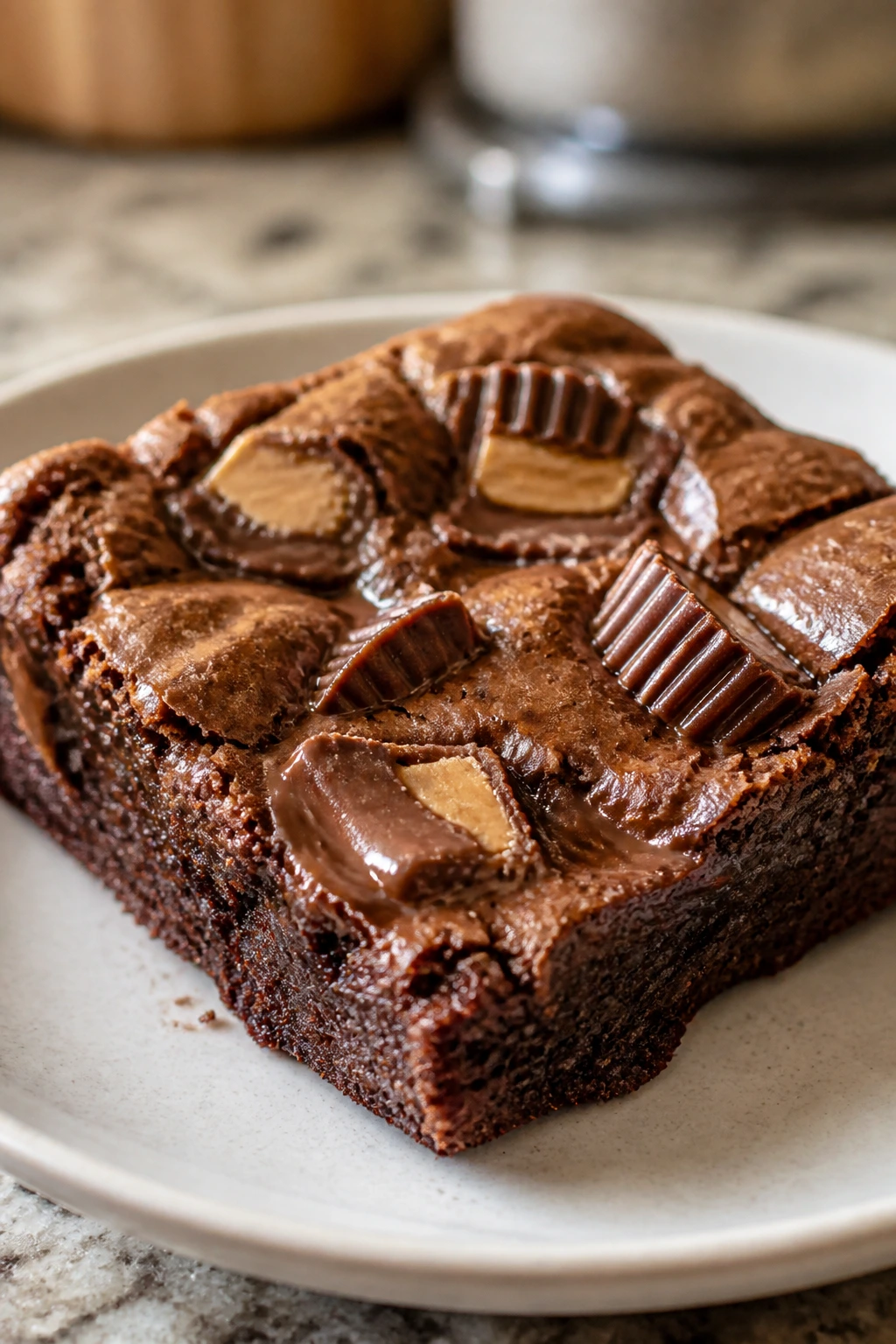 Brownie topped with melted peanut butter cups on a plate