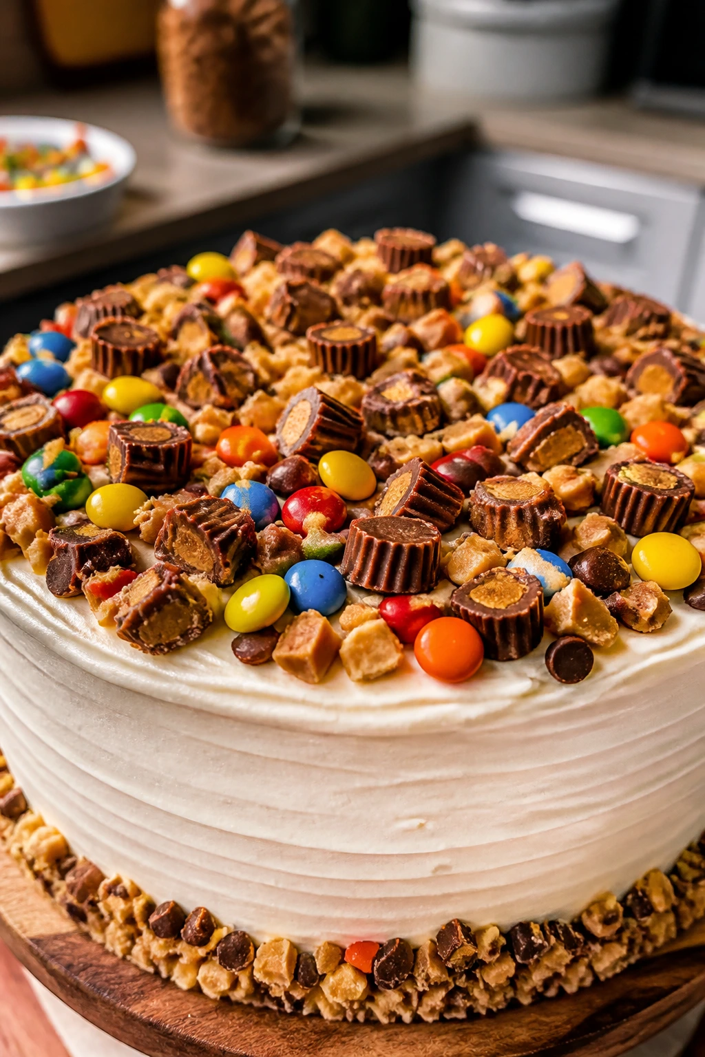 Colorful candy toppings on a frosted cake