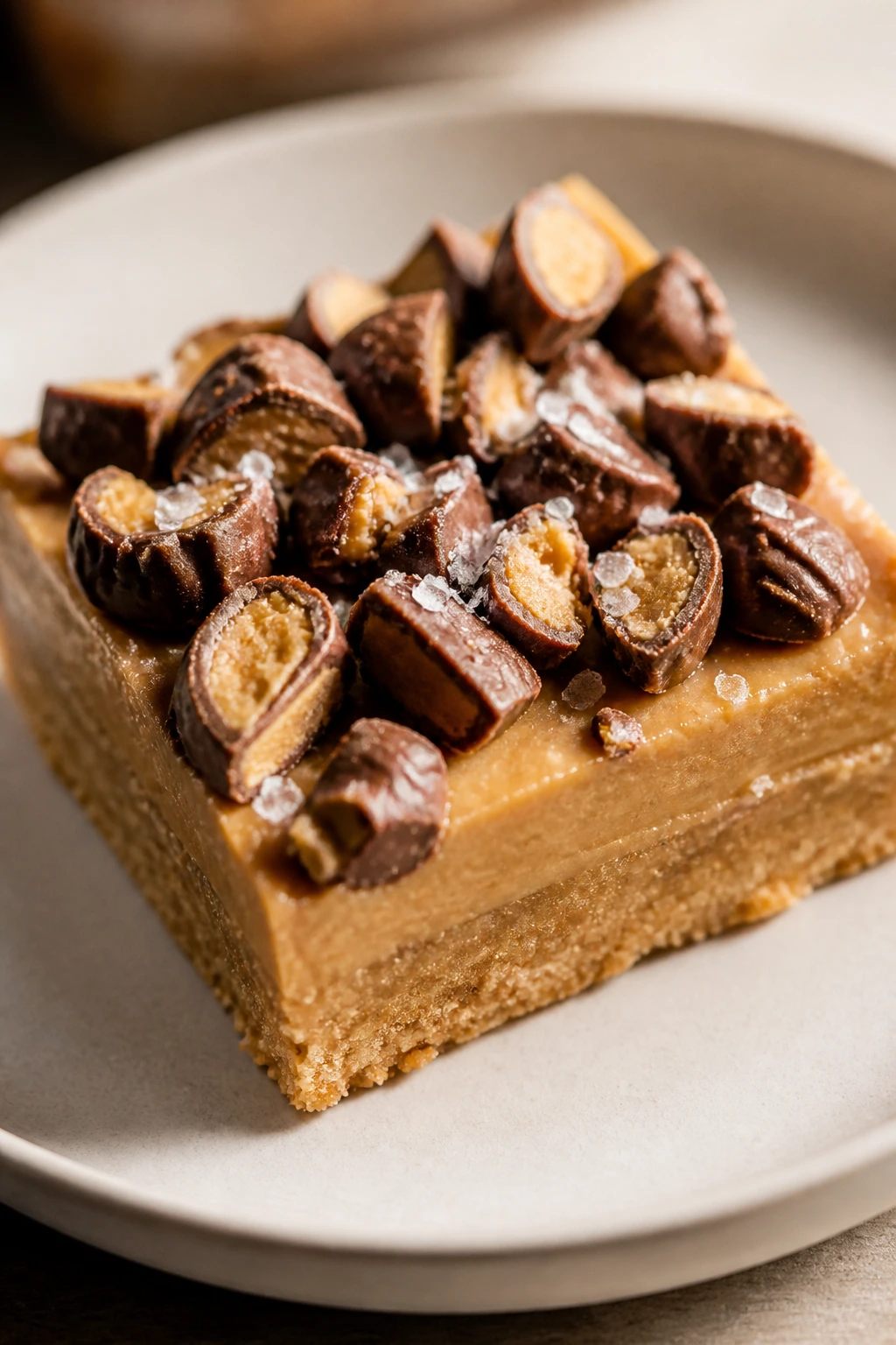 Close-up of peanut butter egg bar square with chocolate eggs on top