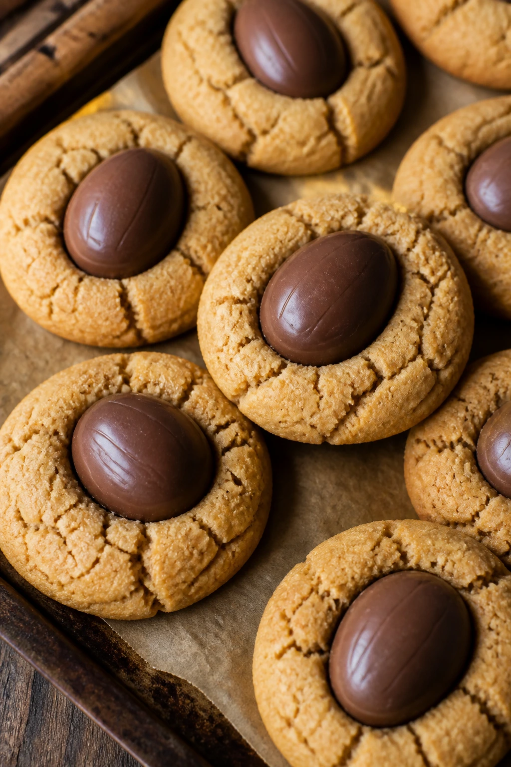 Close-up of peanut butter blossom cookies with Easter egg center
