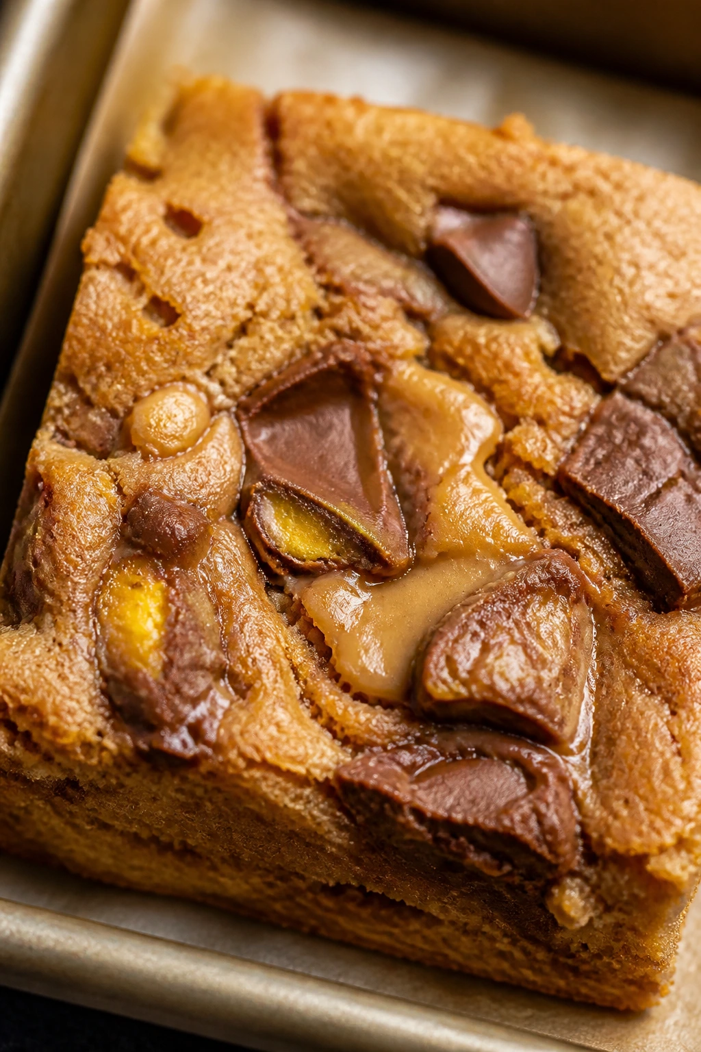 Close-up of peanut butter egg blondie square with melted candy streaks