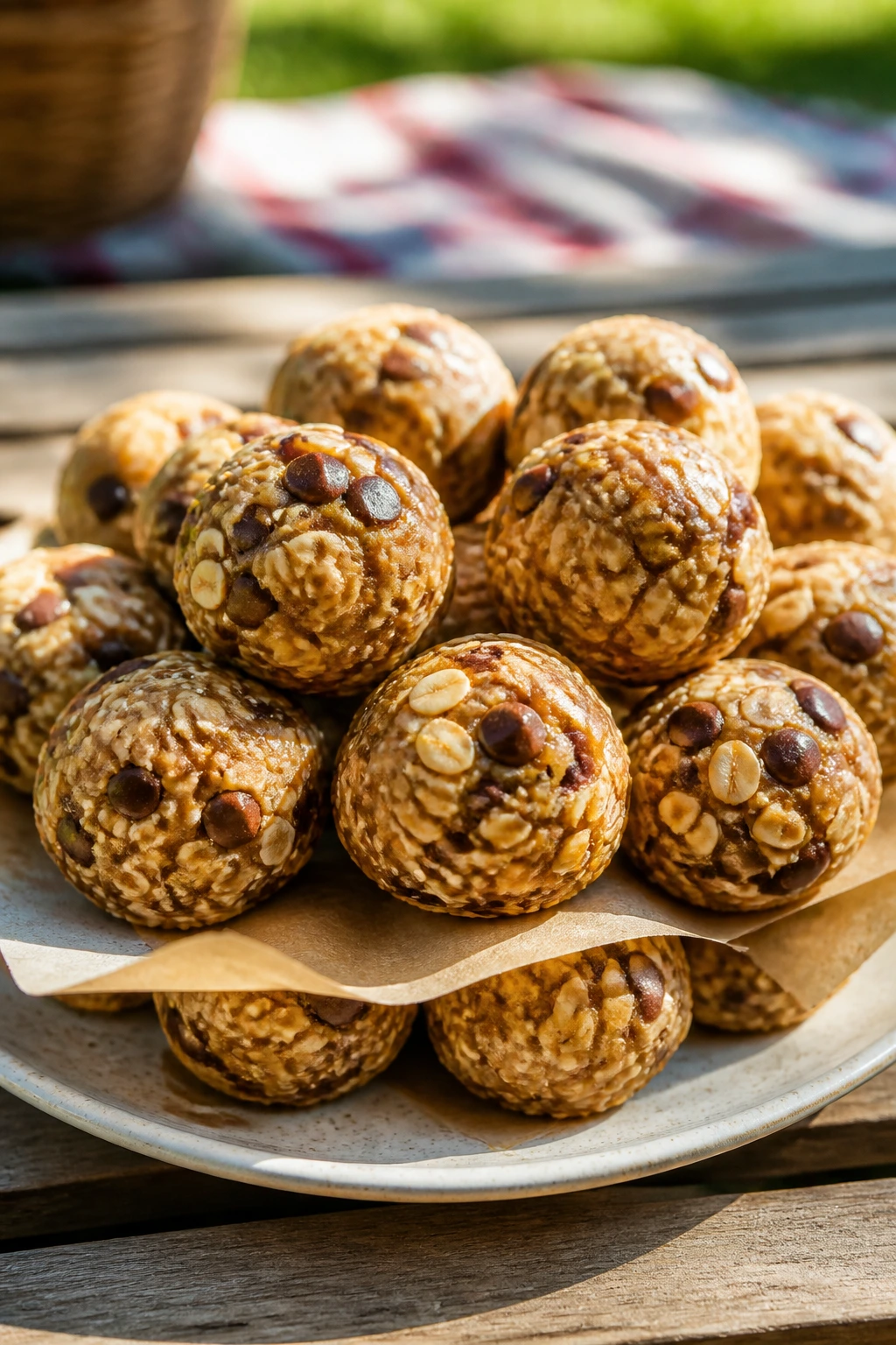 Close-up of peanut butter oat energy bites on a plate outdoors