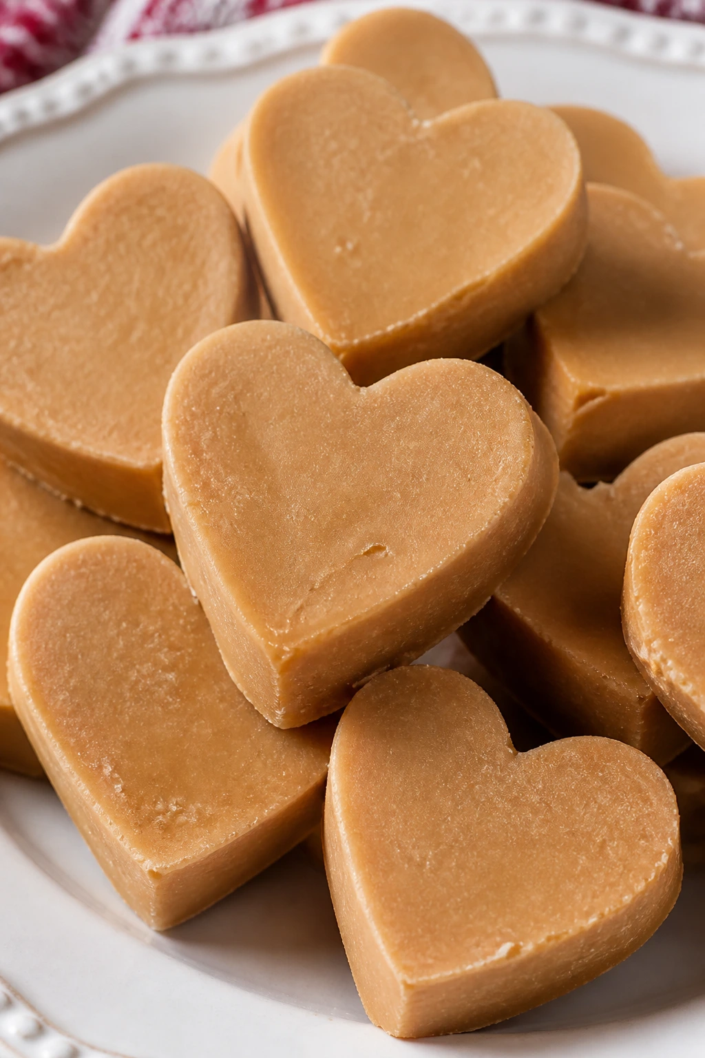 Close-up of peanut butter fudge hearts on a plate
