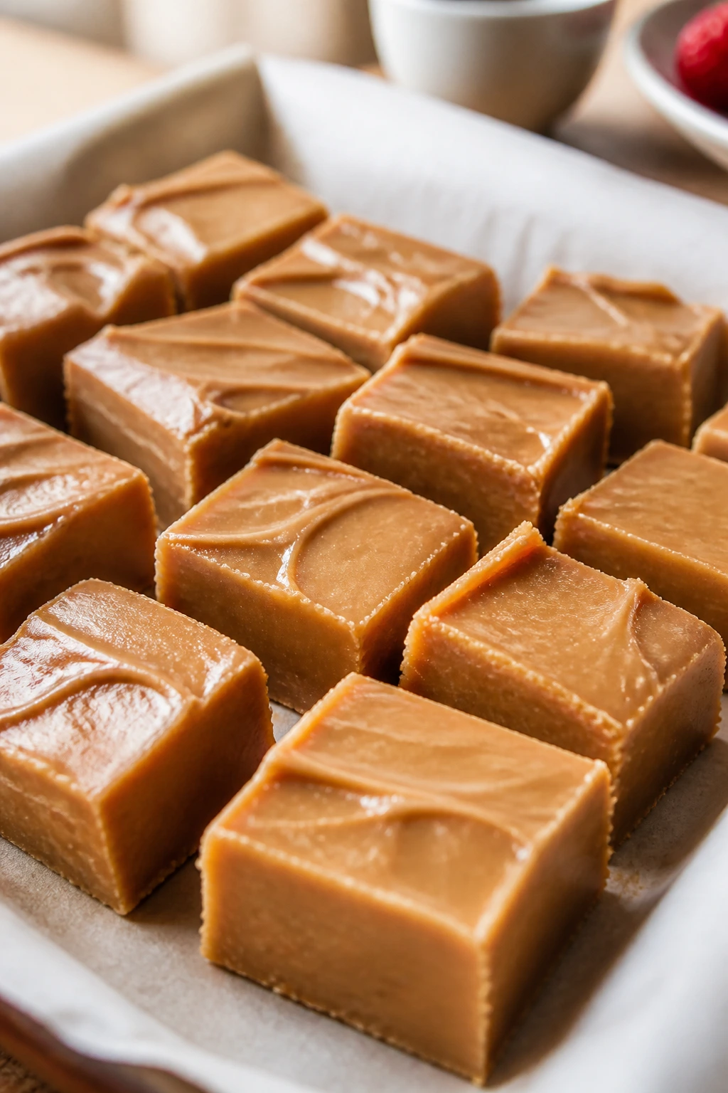 Close-up of creamy peanut butter fudge squares on parchment