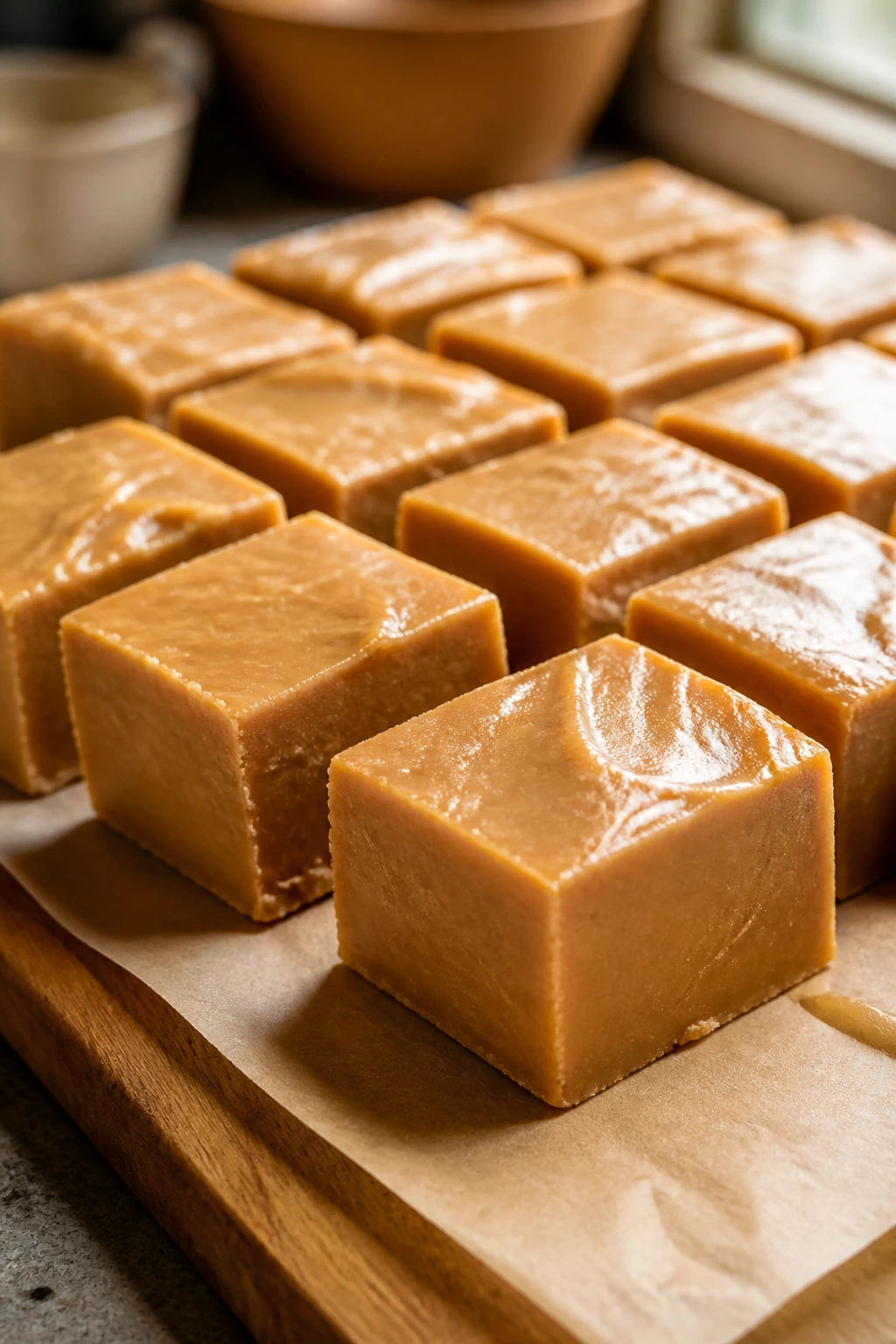 Close-up of glossy peanut butter fudge squares on parchment with warm kitchen lighting