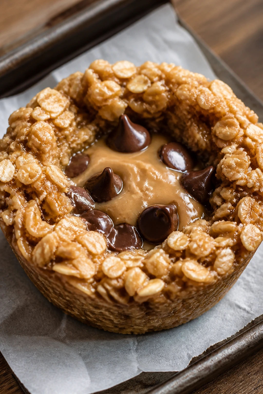 Close-up of peanut butter oat granola cup with chocolate chips