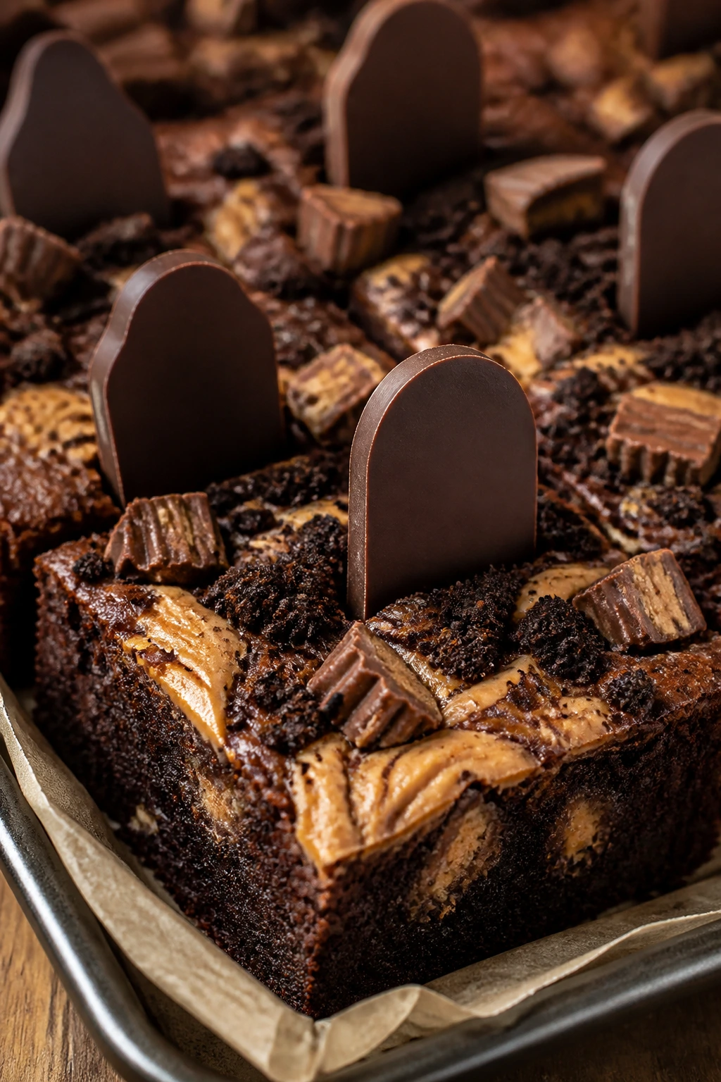 Fudgy brownie with peanut butter cups and cookie dirt