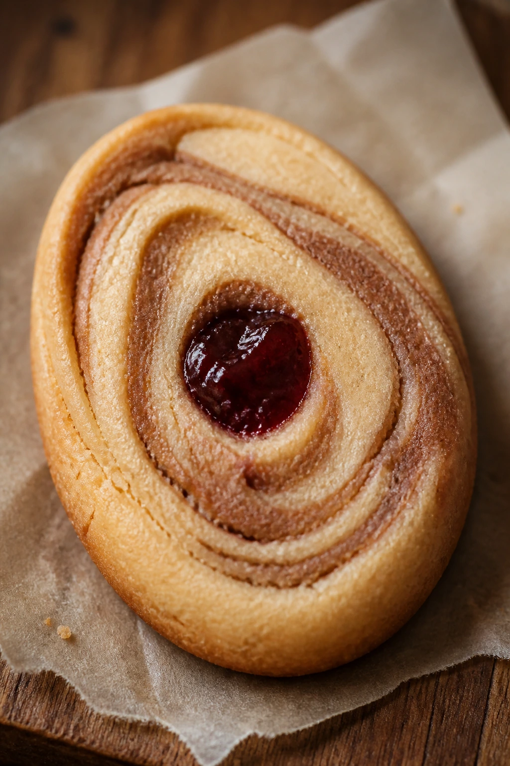Close-up of peanut butter and jam-filled Easter Egg cookie on parchment