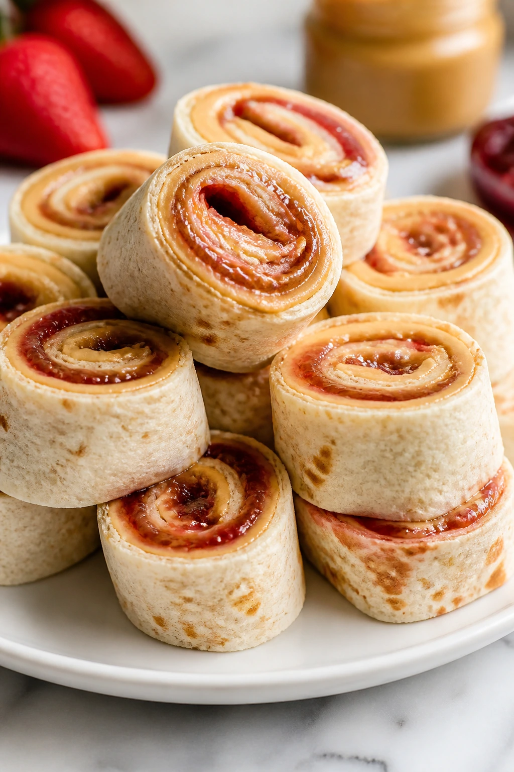 PB&J roll-ups sliced into rounds on a plate