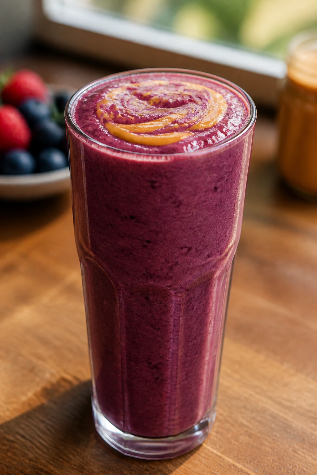 Close-up of thick peanut butter and jelly smoothie in a glass on a wooden counter