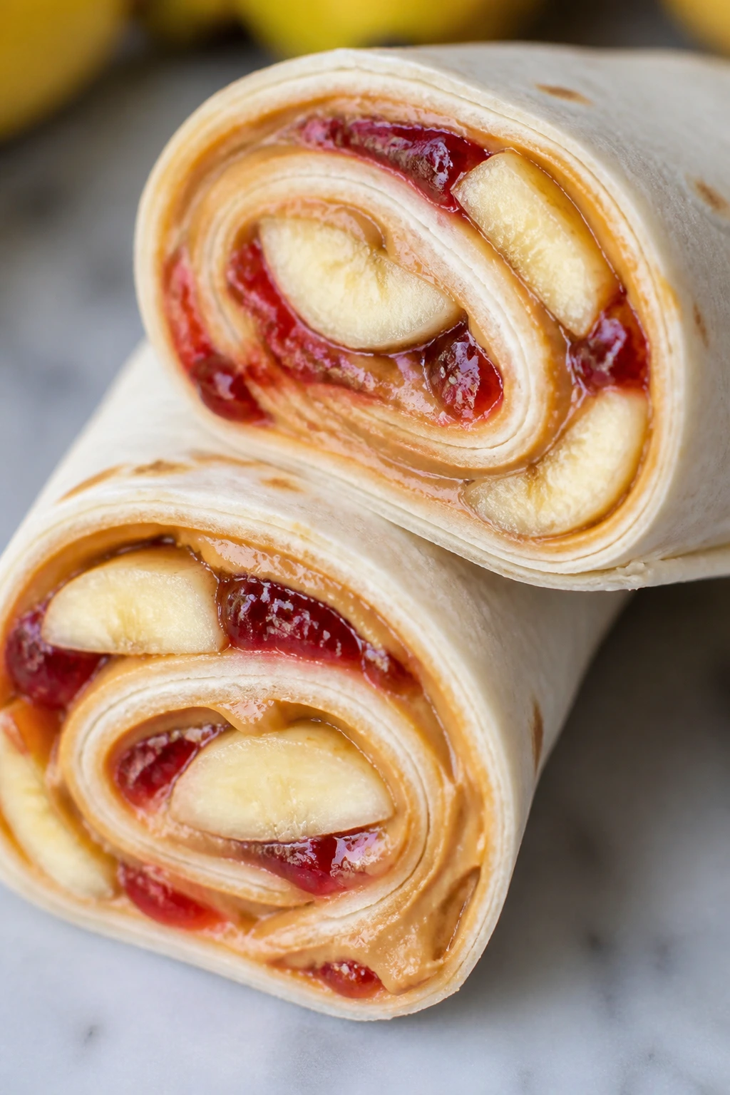 Close-up of peanut butter and jelly tortilla roll-ups with banana slices
