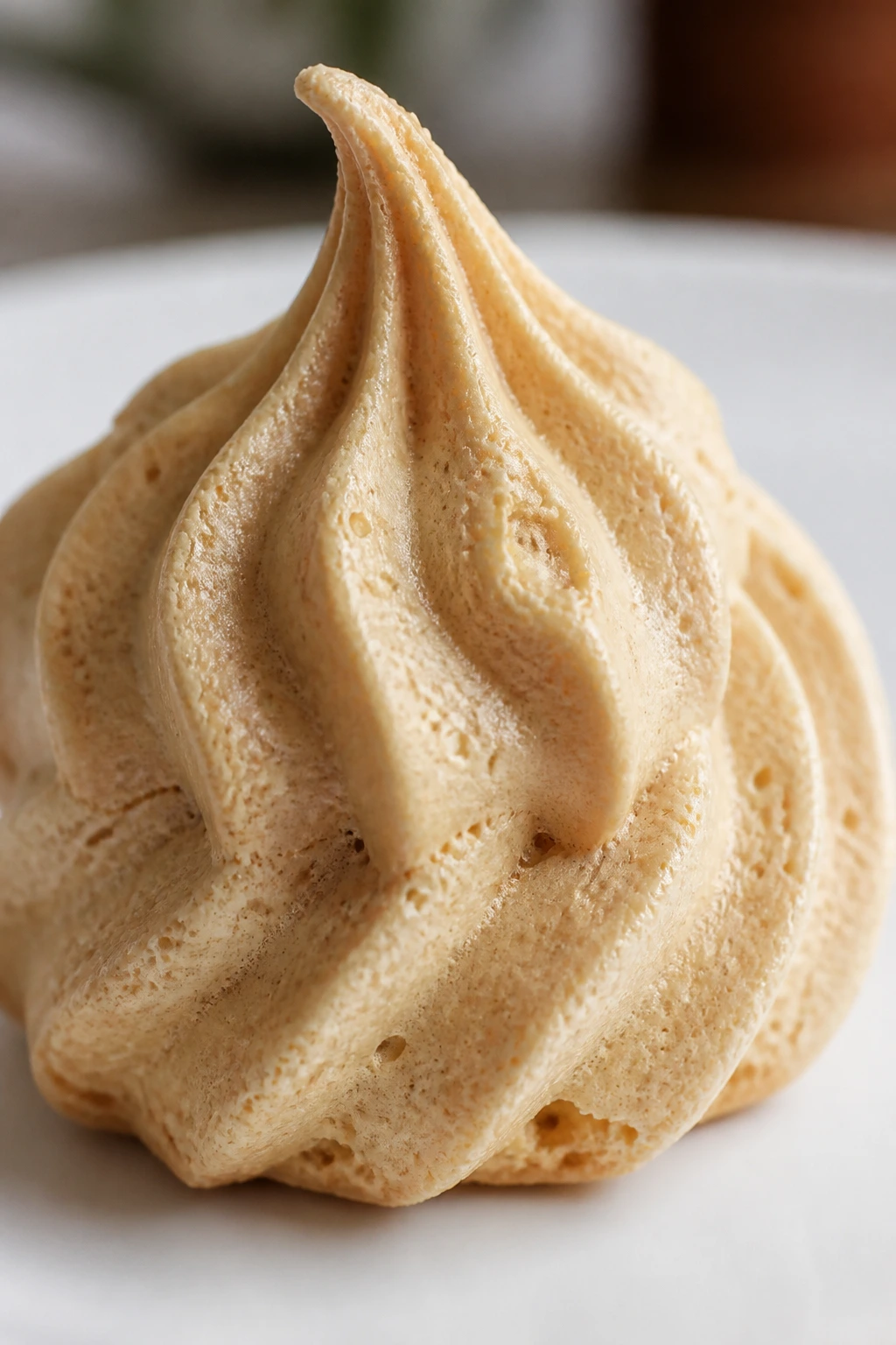 Extreme close-up of a peanut butter meringue kiss on a plate
