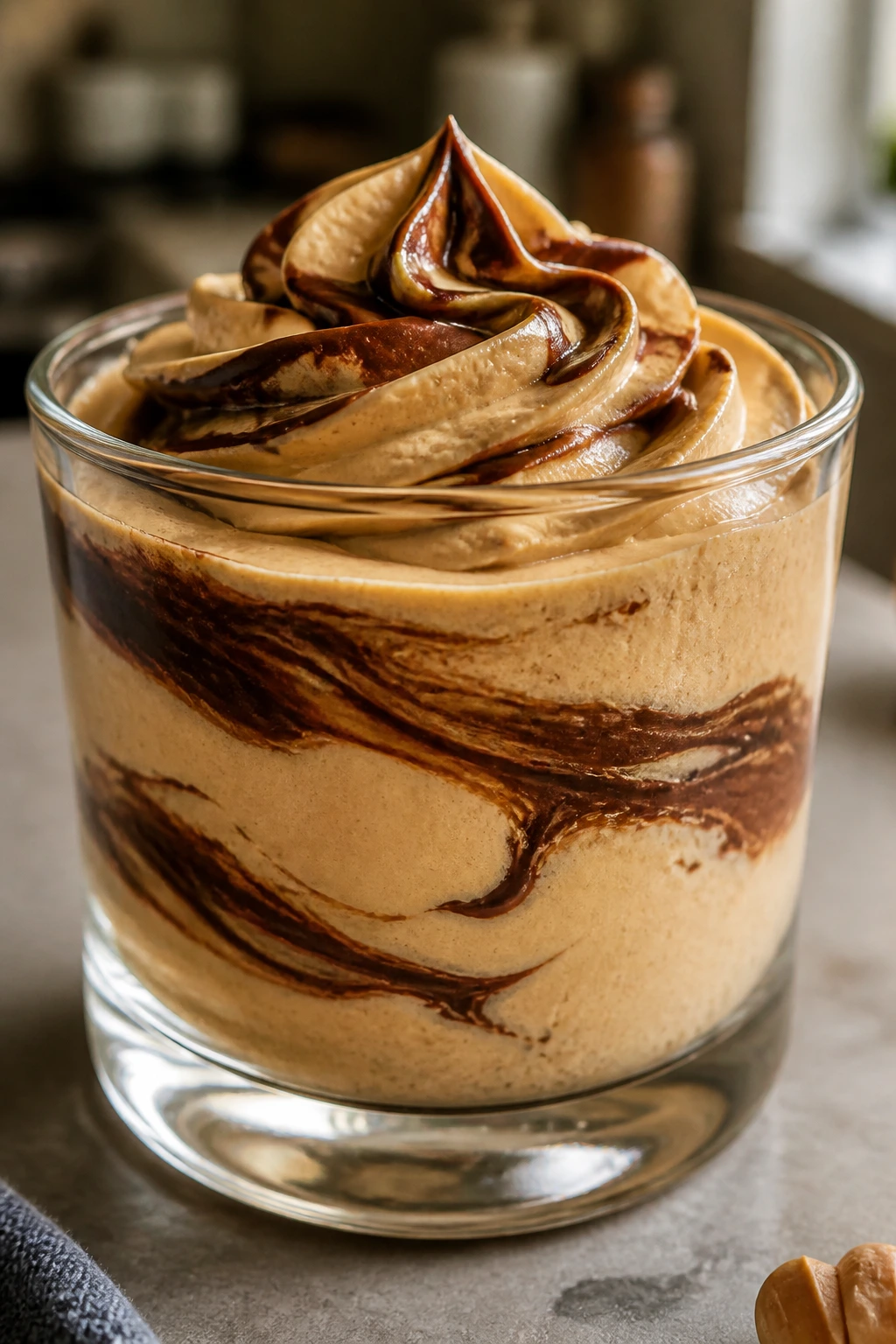 Two-tone peanut butter and chocolate ribbon mousse in a clear cup