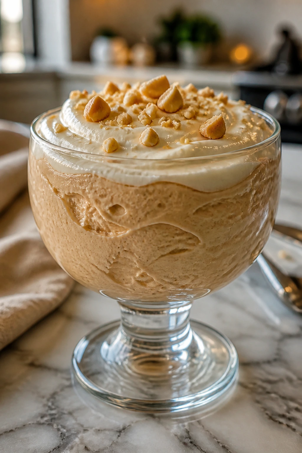 Close-up of a cold peanut butter mousse in a glass cup, topped with cream cheese frosting and peanut crunch on a marble counter.