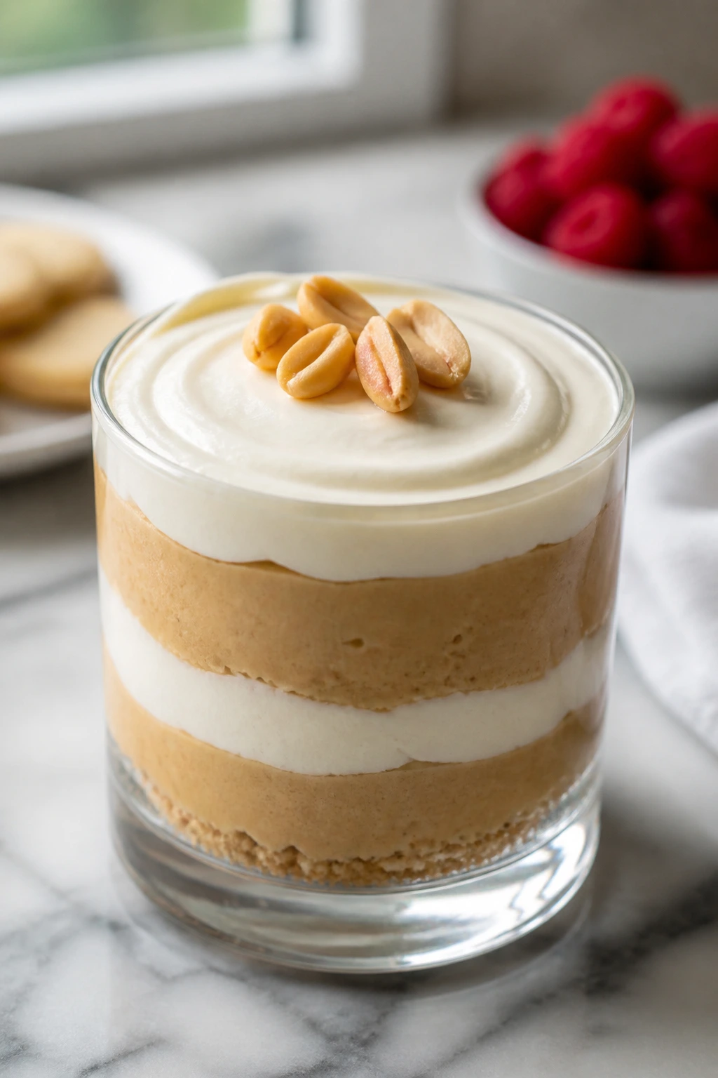 Clear dessert cup with neatly layered peanut butter mousse and frosting cap in bright kitchen