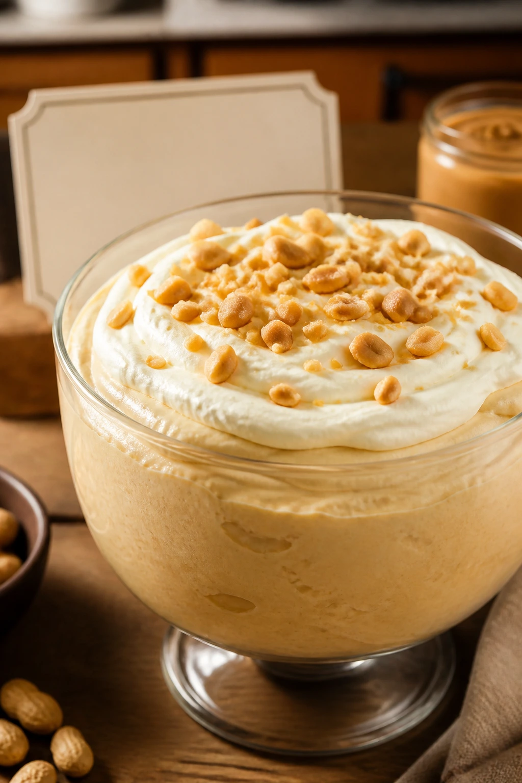 Close-up of decadent peanut butter mousse with cream cheese frosting in a glass dish, with a blurred blank recipe card in the background.