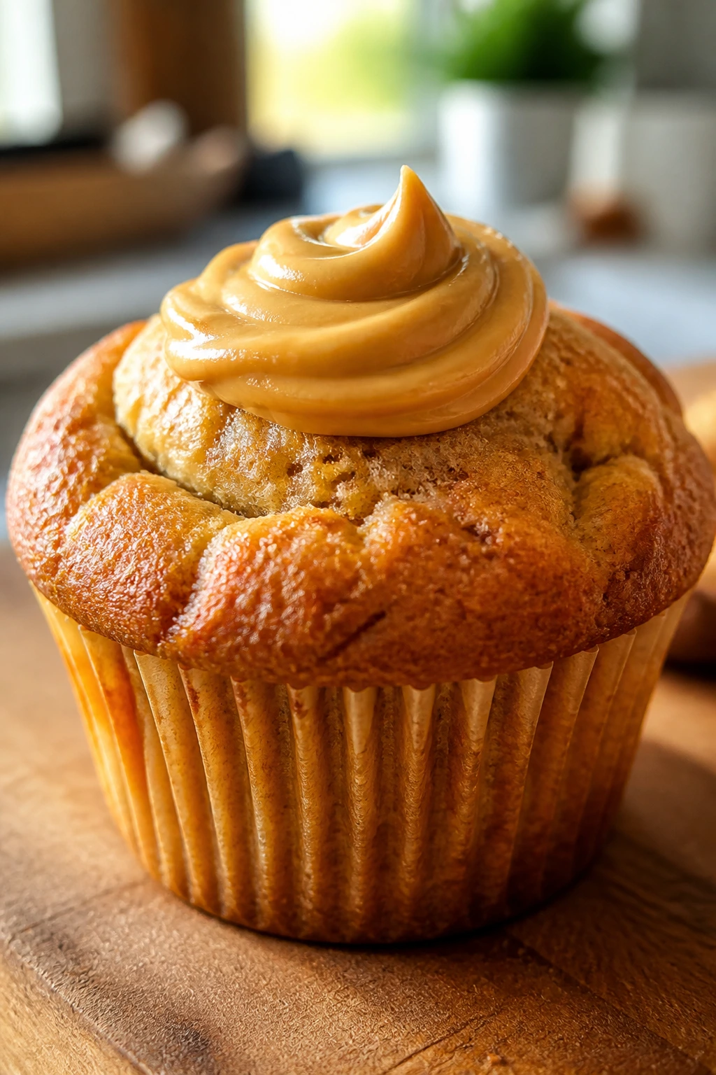 Close-up of a peanut butter banana muffin with a peanut butter swirl on top on a wooden cutting board