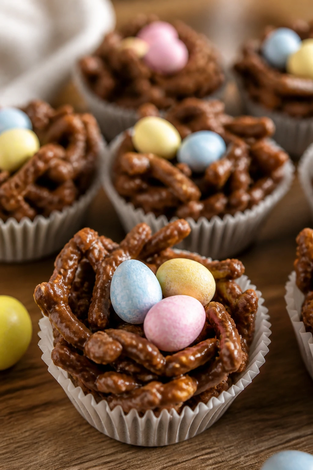 Close-up of peanut butter chocolate nests in muffin cups